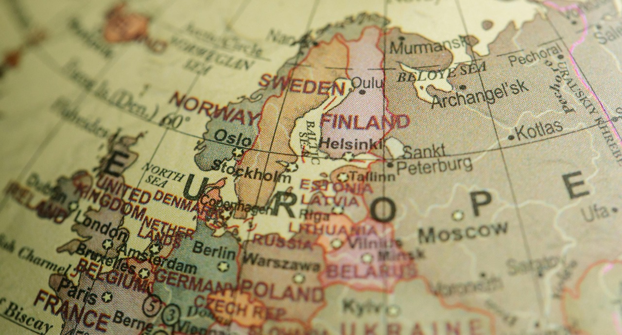 Close-up of a map showing Northern Europe, including Sweden, Finland, Norway, and surrounding countries.