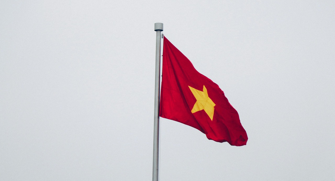 Vietnamese national flag flying on a tall flagpole against a gray sky.