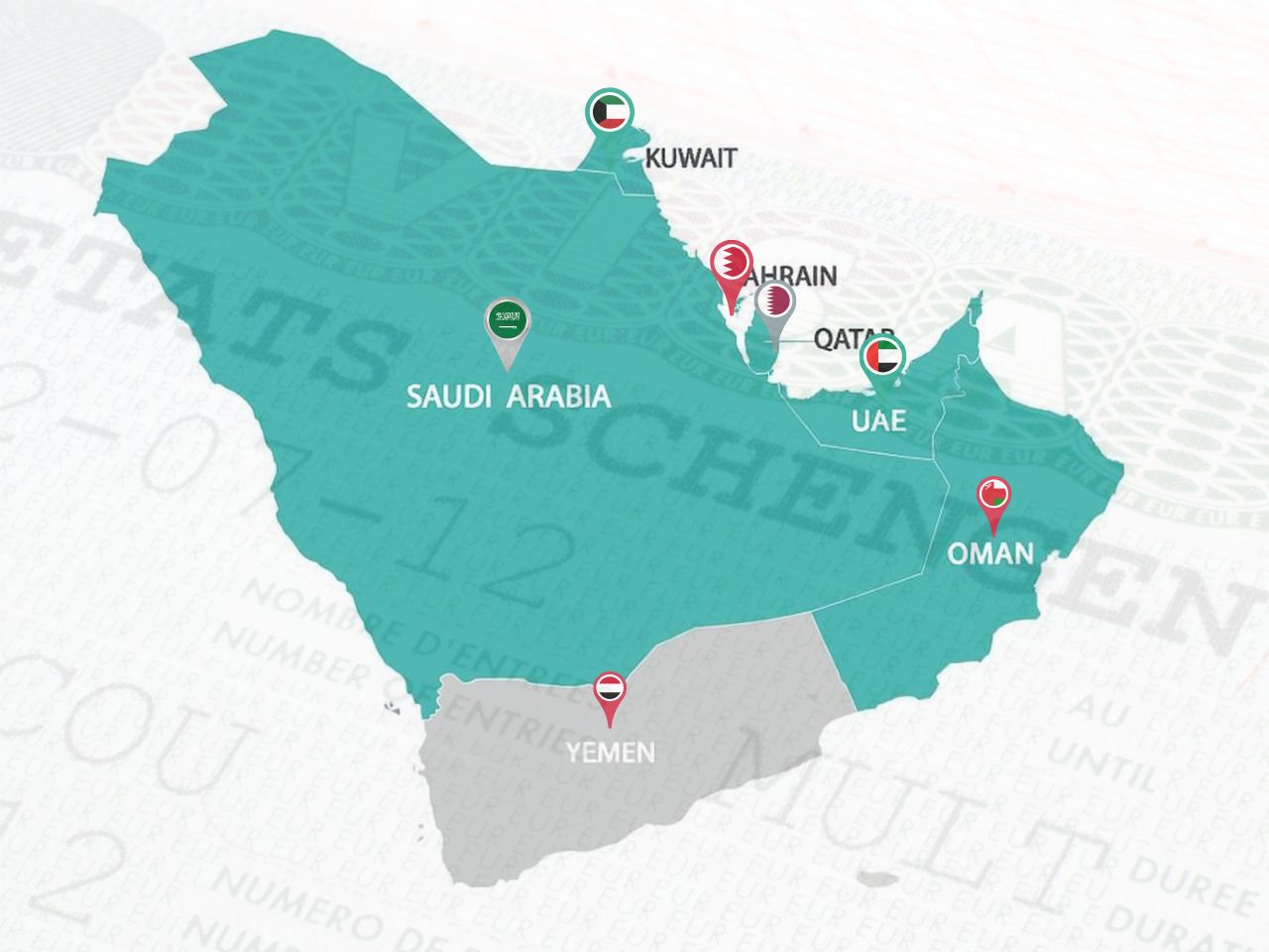Map showing the six Gulf Cooperation Council (GCC) countries participating in the new unified tourist visa. Each country is marked with its flag, while Yemen is excluded and shown in gray.
