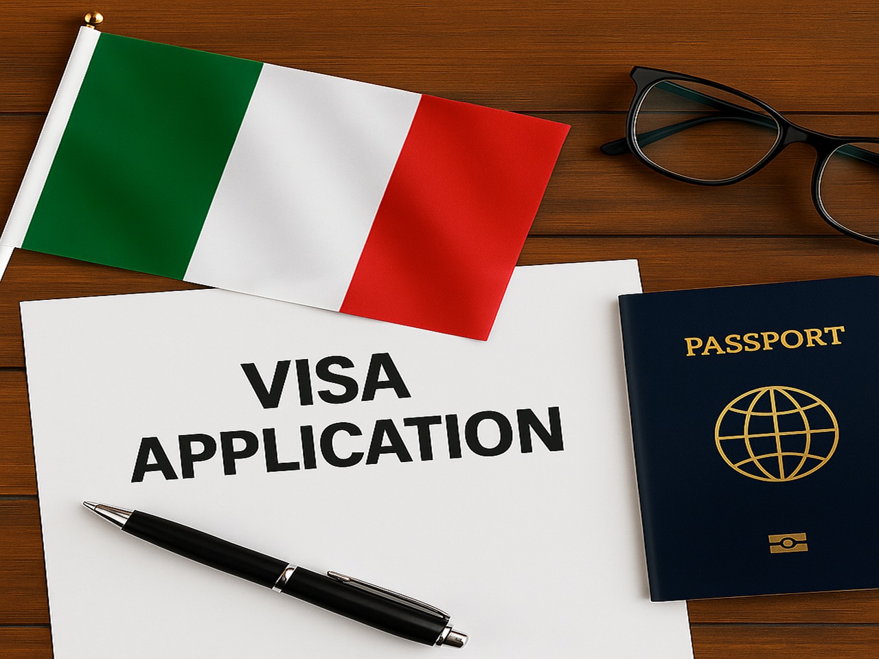 A visa application form labeled "VISA APPLICATION" is placed on a wooden desk alongside an Italian flag, a passport, a pen, and a pair of eyeglasses. The image represents the process of applying for an Italian visa.